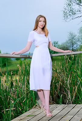 Estella Drops A White Sundress On A Lakeside Dock