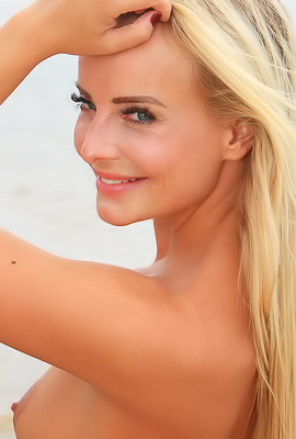 Beach Nymph Emma Button Sprawls Nude On The Sand, Eyes Sparkling With Mischief